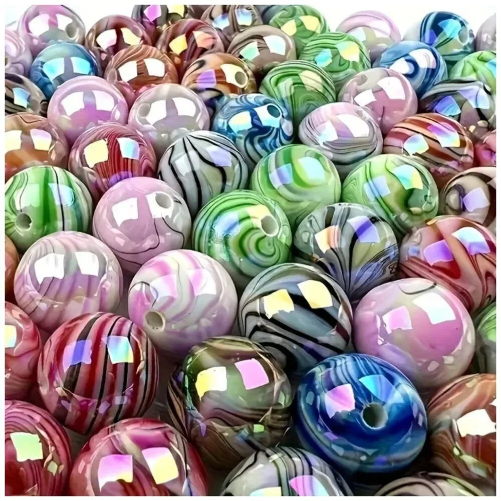 200 Multi-Colored Acrylic Beads Wood Grain Surface High Gloss Multi-Color 8mm